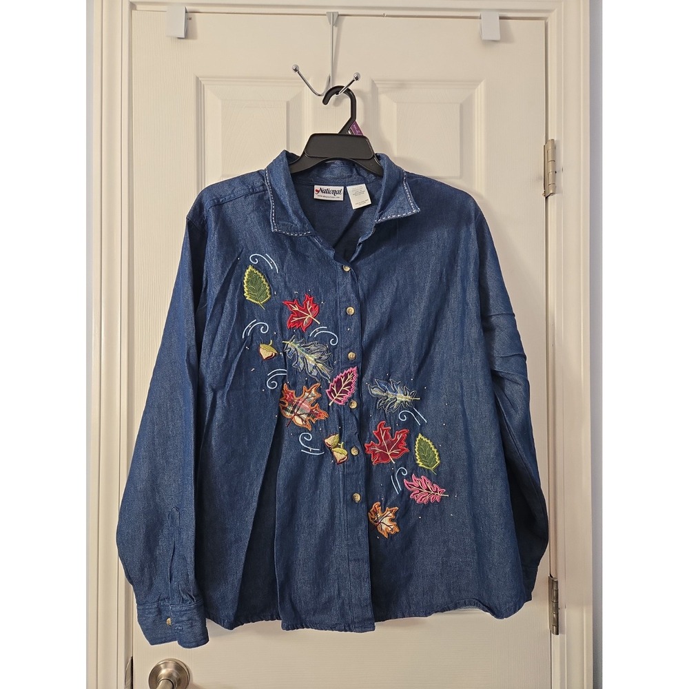 National Womans Long Sleeve Denim Shirt With Fall Leaves Size 3X